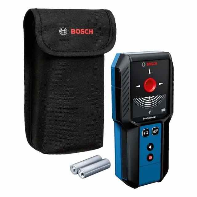 Bosch professional wall scanner with carry pouch and batteries on a white background, designed to detect studs, metal, pipes and live wires before drilling.